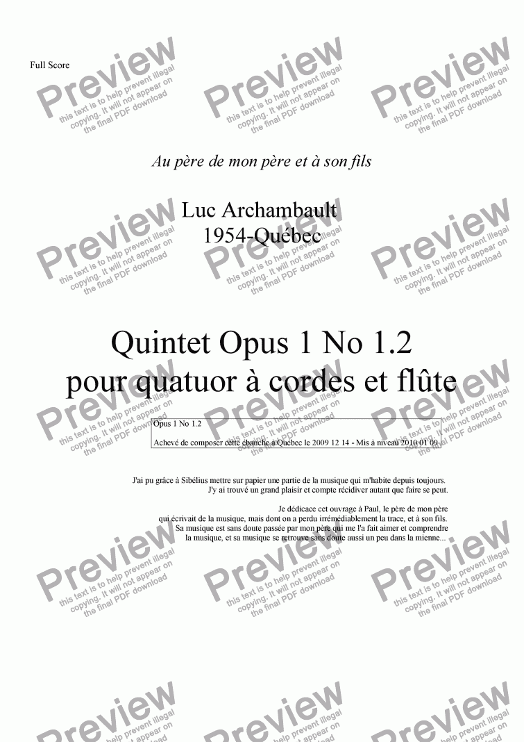 page one of Opus I No 1.2 - 1er Quintette pour Quatuor  à cordes et flute - 2009 12 14-2010 01 30