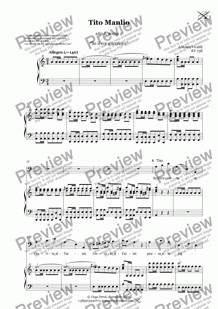 page one of Se il cor guerriero - Aria - Tito Manlio, RV 738, 1st act, scene 2