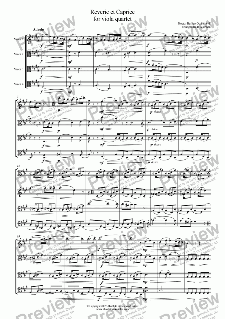 page one of Berlioz - REVERIE ET CA5.95 - for viola quartet