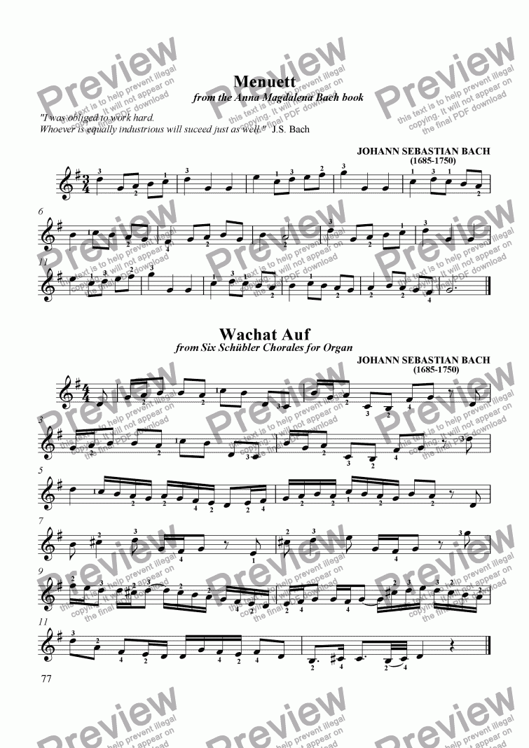 page one of Minuet in G and Wachat Auf