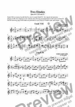page one of Two Etudes Opus 60 #VIII and IX by Sor as solos and also in study score format