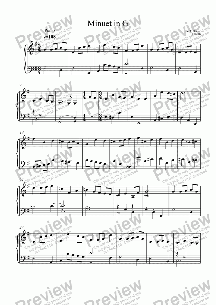 minuet in g piano sheet music