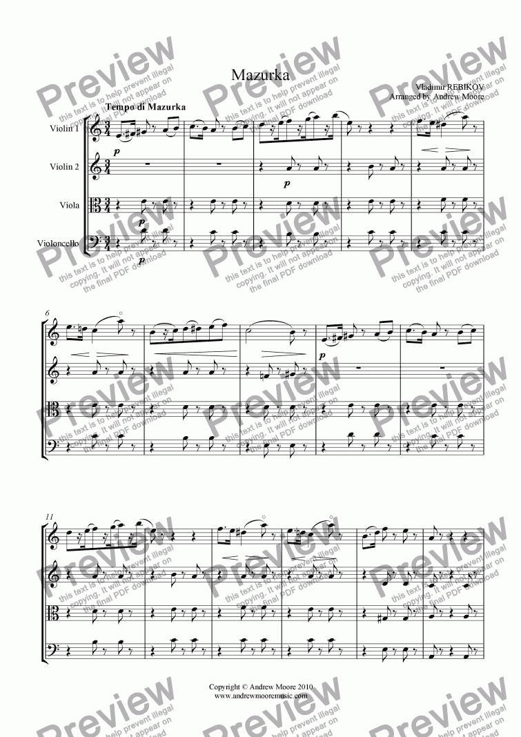 page one of ’Mazurka’ arranged for String Quartet