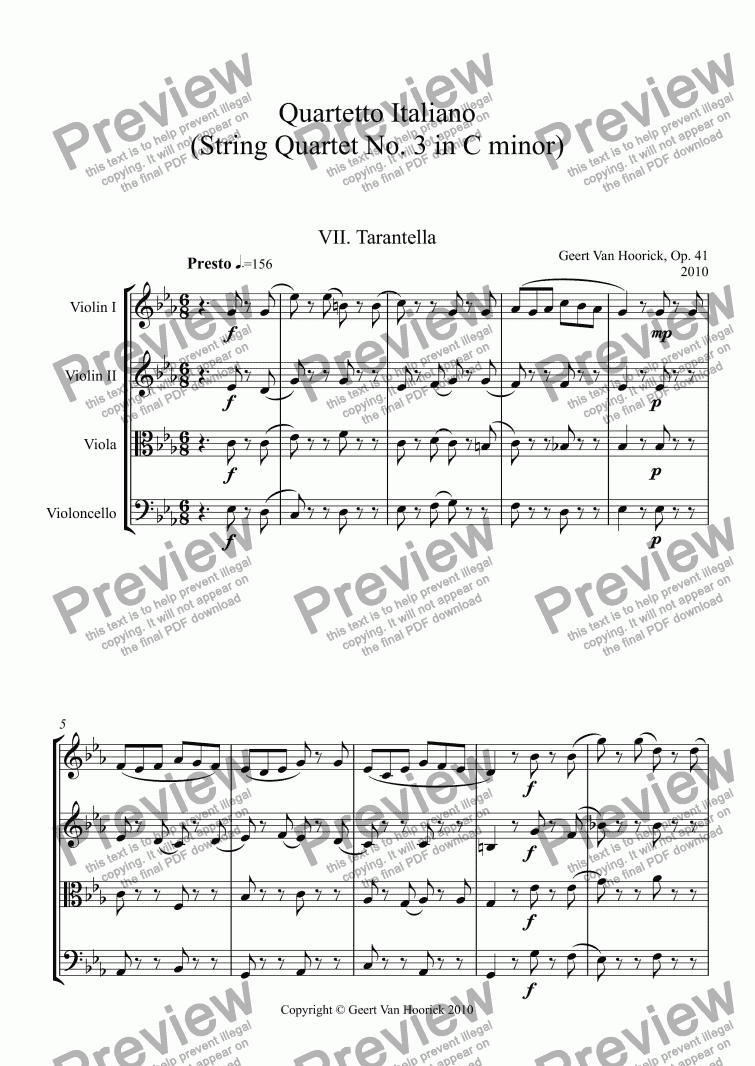 page one of Quartetto Italiano (String quartet No. 3 in C minor), Op. 41 - VII. Tarantella