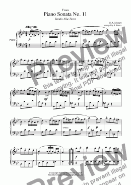page one of Rondo Alla Turca for easy piano solo