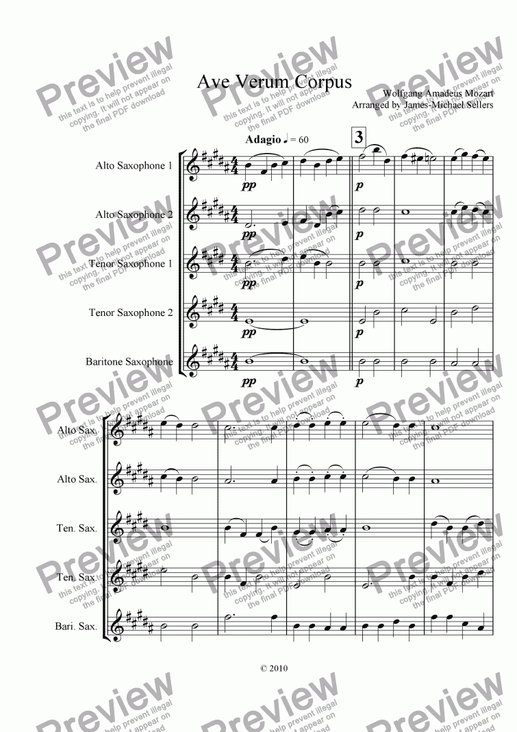 page one of Ave Verum Corpus (Saxophone Choir)