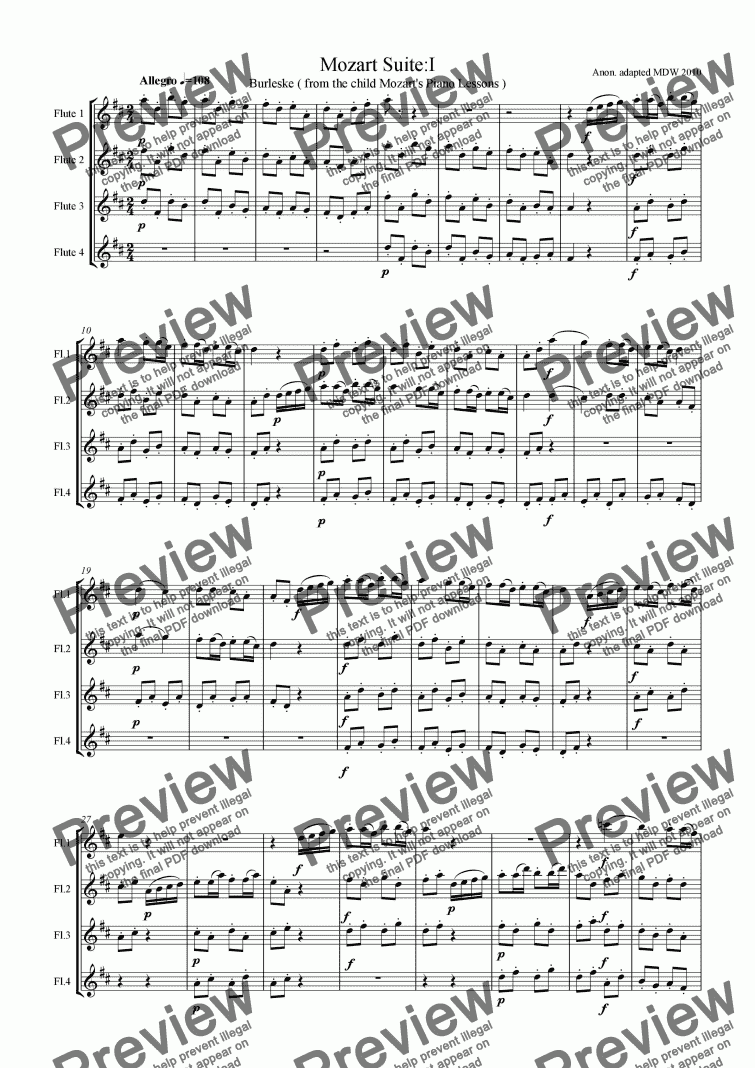 page one of Mozart Suite for flutes I Burleske
