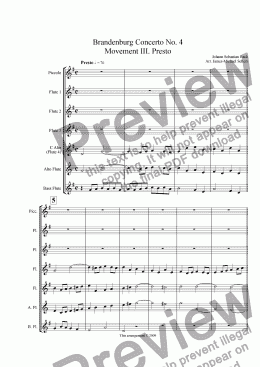 page one of Brandenburg Concerto No. 4, Presto (Flute Choir)