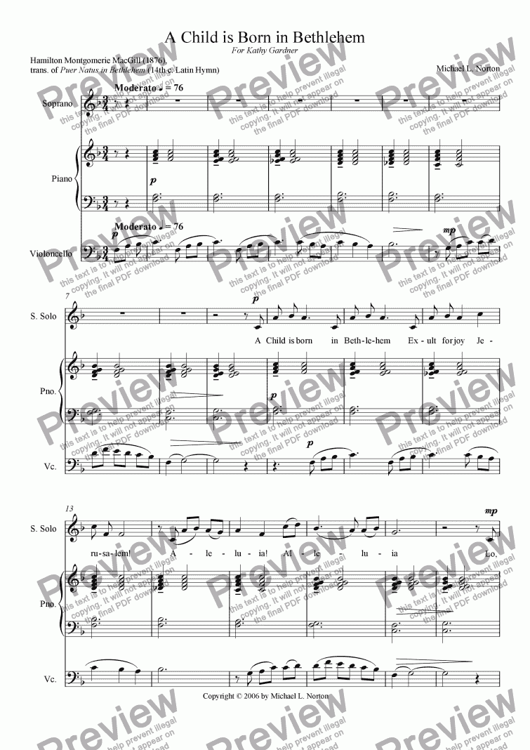 page one of A Child is Born in Bethlehem (Soprano, Piano, and Violoncello)