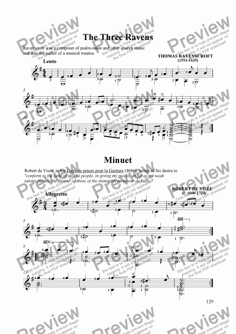 page one of The Three Ravens - by Ravenscroft and Minuet by DeVisee