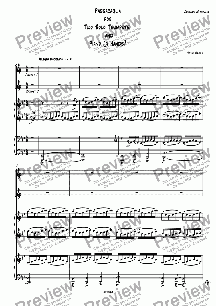 page one of Passacaglia for 2 Trumpets in C and Piano 4 Hands