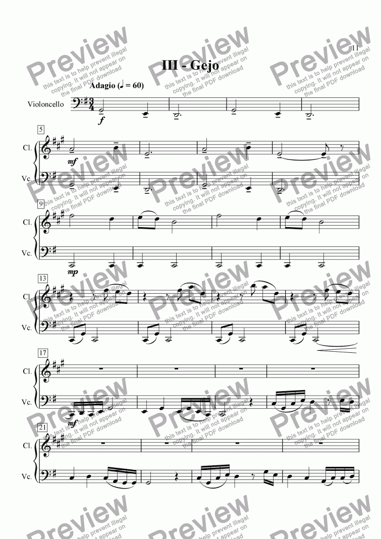 page one of Japanese Suite for Clarinet and Cello III.  Gejo