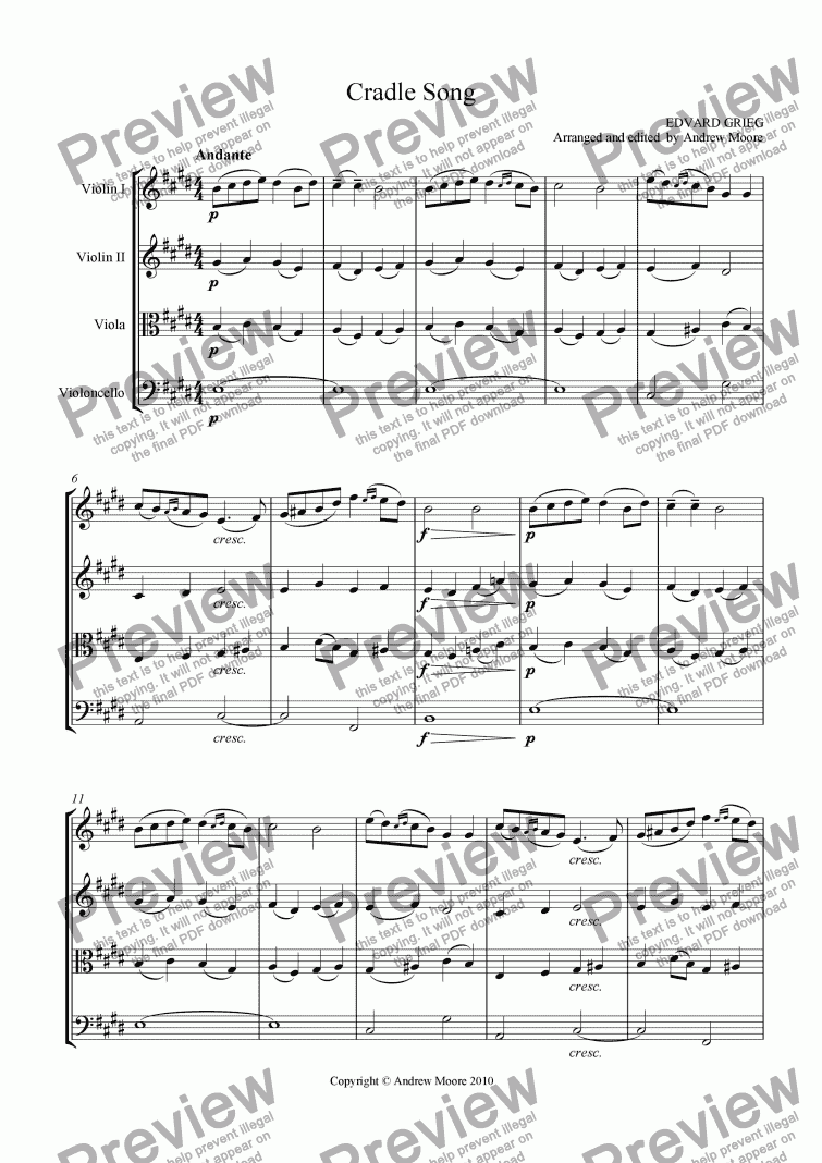 page one of ’Cradle Song’ arranged for string quartet