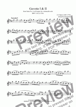 page one of Gavotte I & II BWV 1012 for flute or violin solo