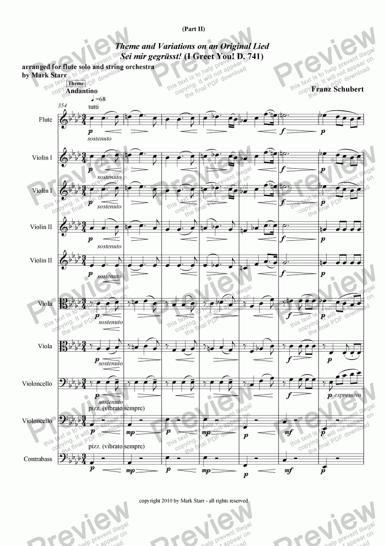 page one of SCHUBERT - STARR; Fantasy in C Major, D. 934; for flute solo and string orchestra (an orchestral arrangement by Mark Starr of Schubert’s work for violin and piano) Part 2 of 3 