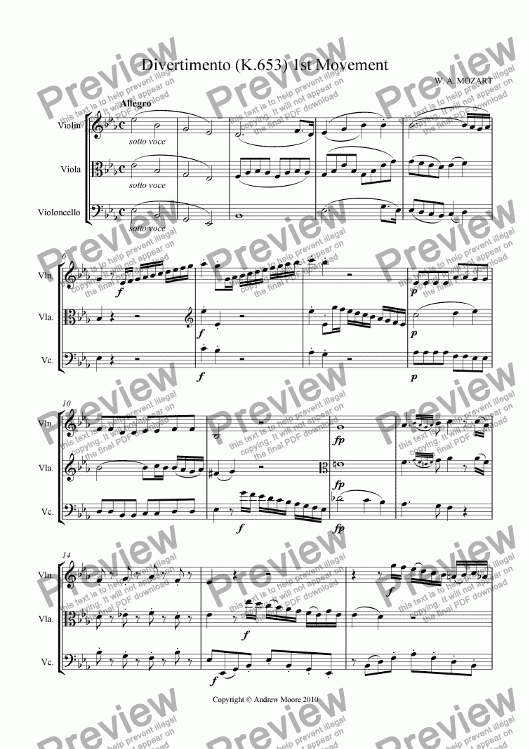 page one of Divertimento for String Trio K.563 - 1st Movement - Allegro
