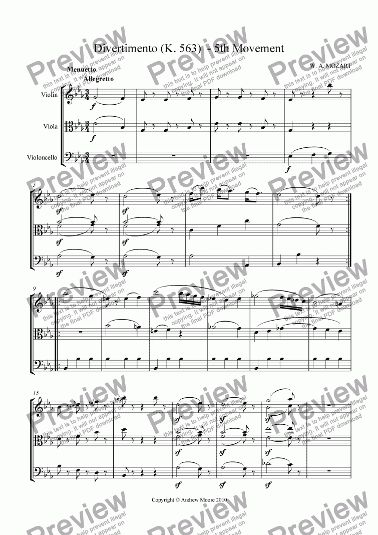 page one of Divertimento for String Trio K.563 - 5th Movement - Minuet & Trios