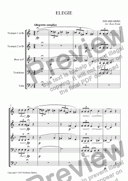 page one of Grieg: Elegie (Brass Quintet)