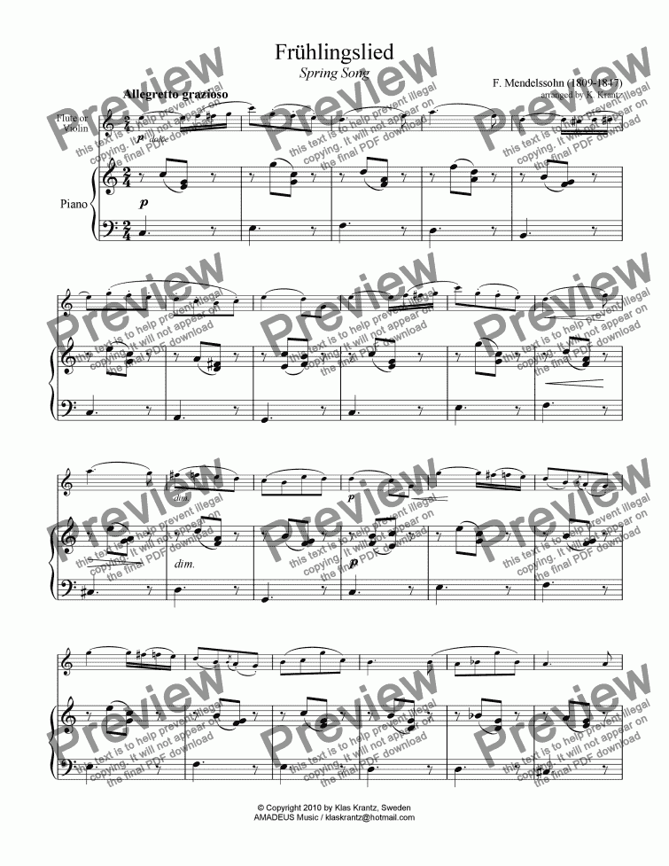 page one of Frühlingslied / Spring Song for flute or violin and easy piano
