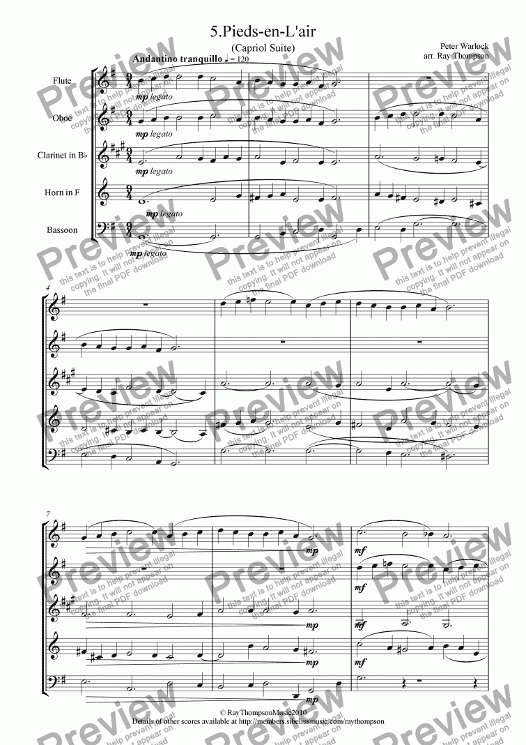 page one of Capriol Suite: 5.Pieds-en-L’air (wind quintet)