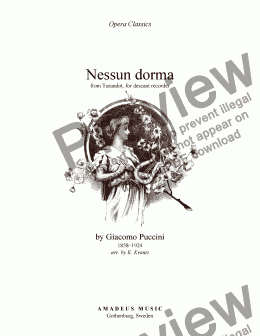 page one of Nessun dorma for descant recorder and guitar