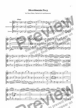 page one of W. A. Mozart - Divertimento No3 KV Anh 229 for Oboe (Flute), Clarinet and Bassoon