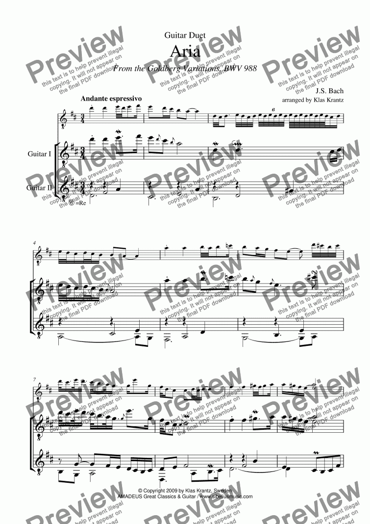 page one of Goldberg variations BWV 988 - Aria  for guitar duet