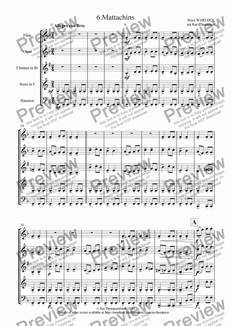 page one of Capriol suite: 6.Mattachins (Wind Quintet)