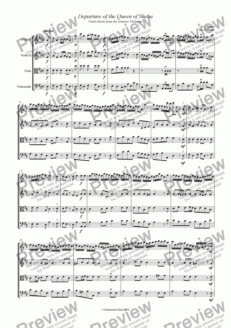 page one of Departure of the Queen of Sheba - String Orchestra/Quartet