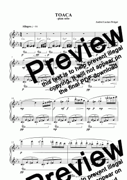 page one of Toaca și lăutarul (The Vesper Bell and the Fiddler) – miniatură muzicală (musical miniature), variantă pian solo pentru începători în La minor (beginner piano solo variant in A minor) (from Piano album - volume 1)