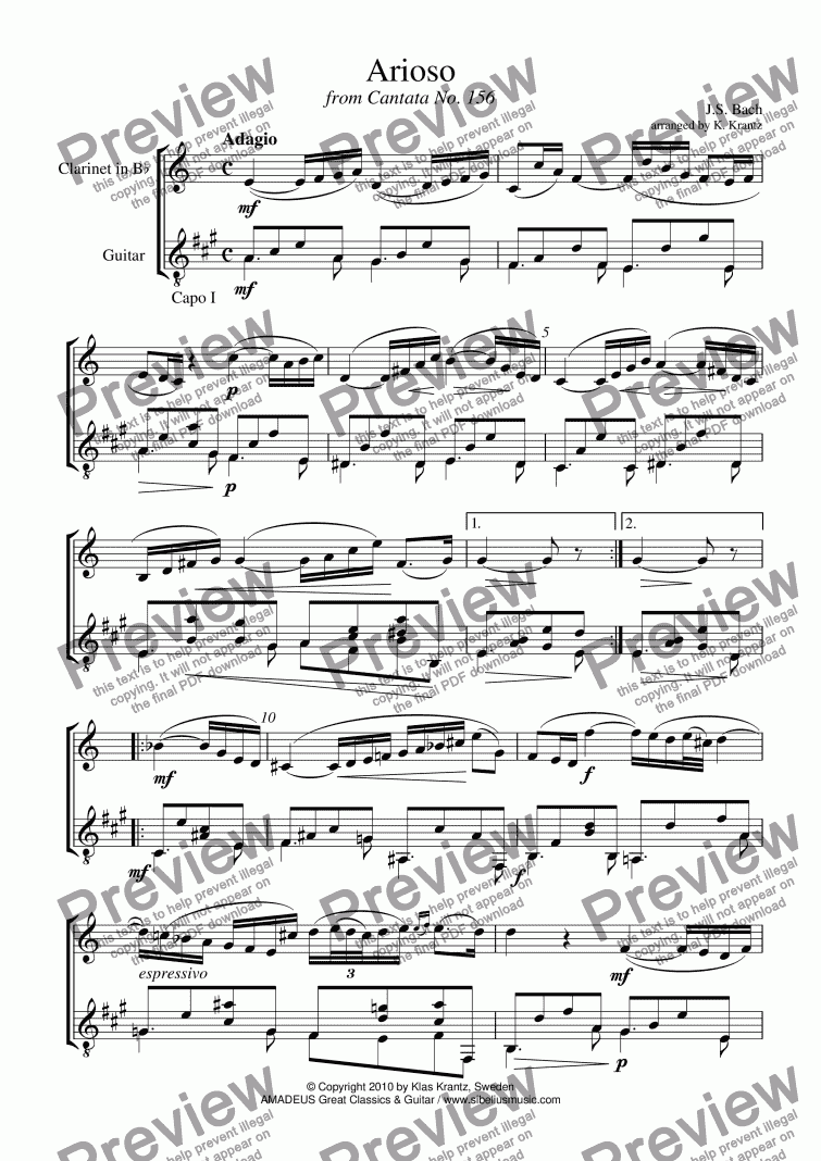page one of Arioso from Cantata 156 for clarinet and guitar