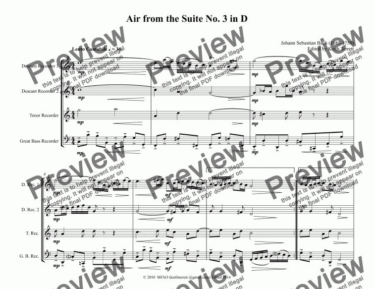 page one of Air from the Suite No. 3 in D for Recorder Quartet