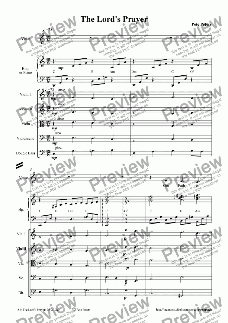 page one of The Lord's Prayer [Vocal + Harp & St. 5tet]