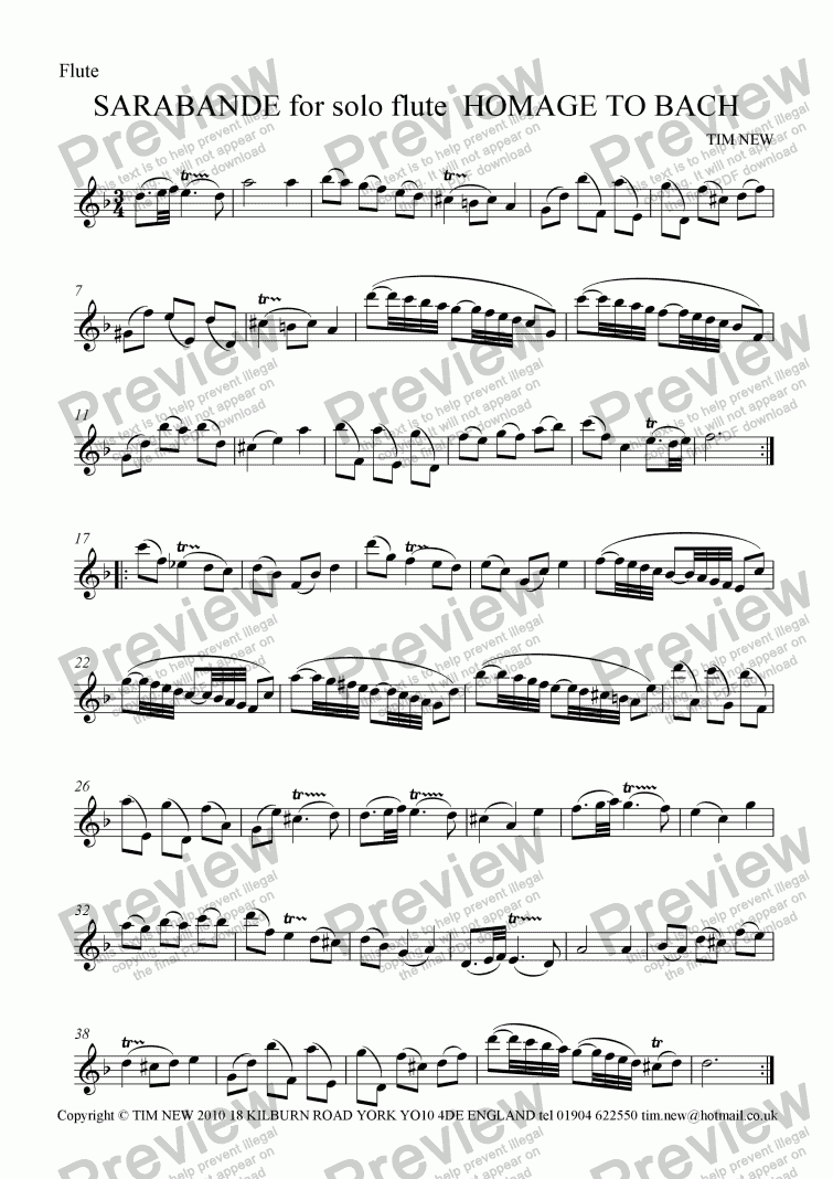 page one of SARABANDE for solo flute - HOMAGE TO BACH