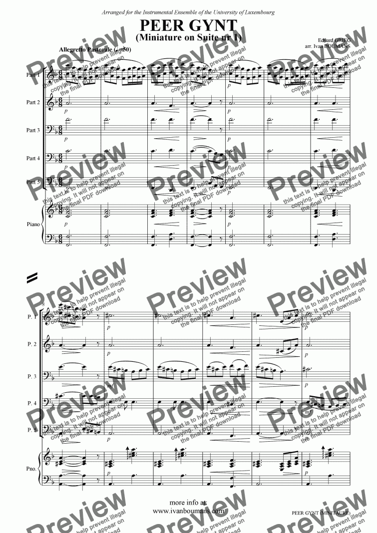 page one of Peer Gynt (Miniature on the Suite nr.1, op.46) (for Variable Quintet & Piano)
