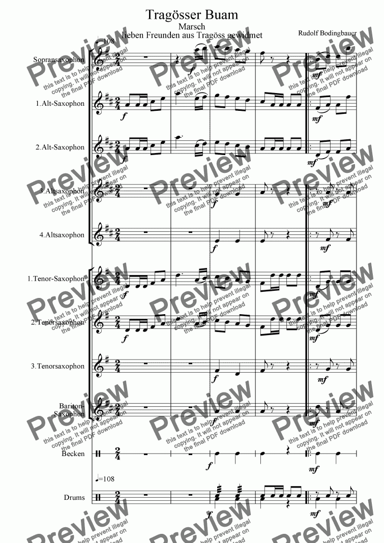 page one of Tragoesser Buam Marsch Saxophonorchester