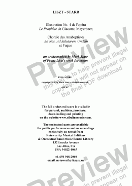 page one of LISZT - STARR; Illustration no. 4 de l'opera 'le Prophete' de Giacomo Meyerbeer (Chorale 'Ad nos, Ad salutarem undam' et fugue) - an orchestration by Mark Starr of Liszt's work for organ 