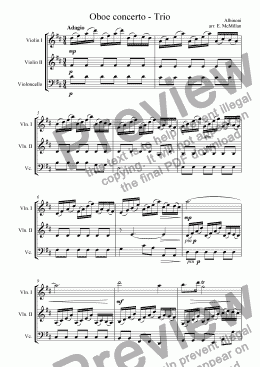 page one of Albinoni Oboe Concerto for string trio (2 violins and cello)