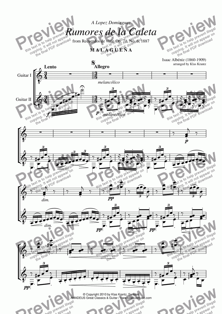 page one of Rumores de la Caleta Op. 71, No 6 for guitar duet