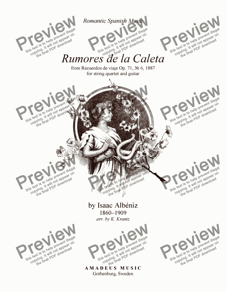 page one of Rumores de la Caleta Op. 71, No 6 for string quartet and guitar