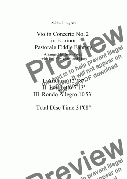 page one of Violin Concerto No. 2 in E minor, II. Larghetto, Arranged for Solo Violin with Full Orchestra and Ha