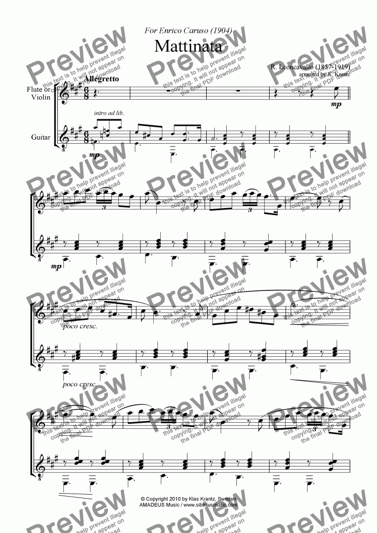 page one of Mattinata for flute or violin and guitar