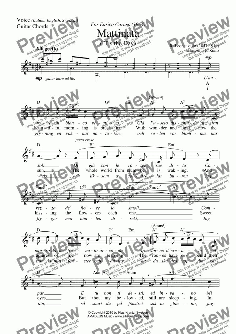 page one of Mattinata for voice and guitar chords (worksheet)