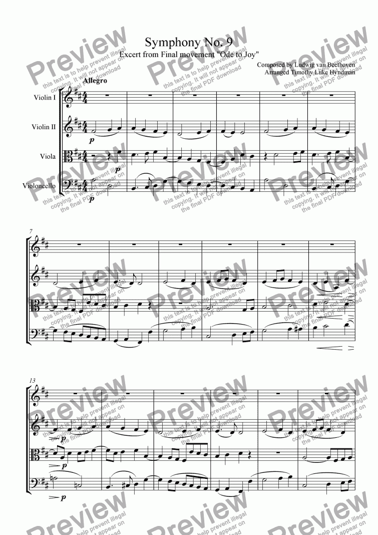 page one of Symphony No. 9, excerpt from 4th movement (Ode to Joy)