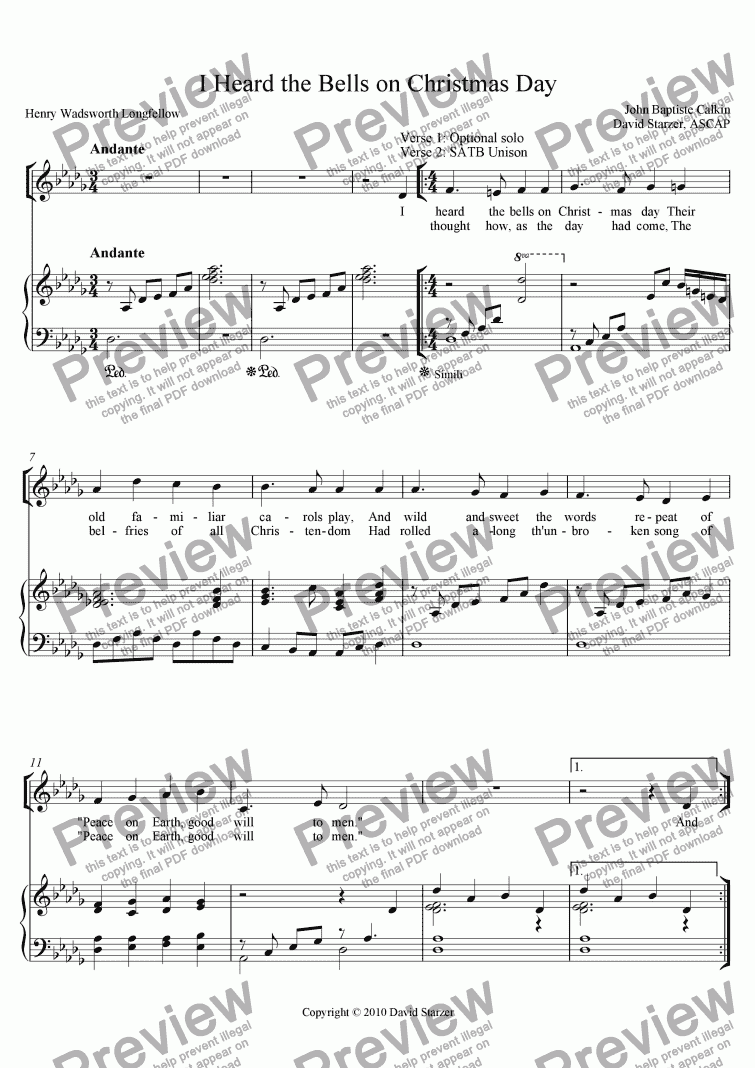 page one of I Heard the Bells on Christmas Day - SATB version