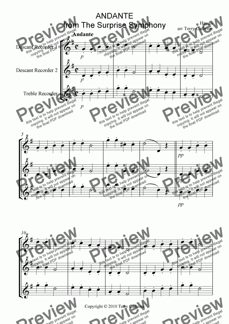 page one of  Andante from The Surprise Symphony for Recorder Trio