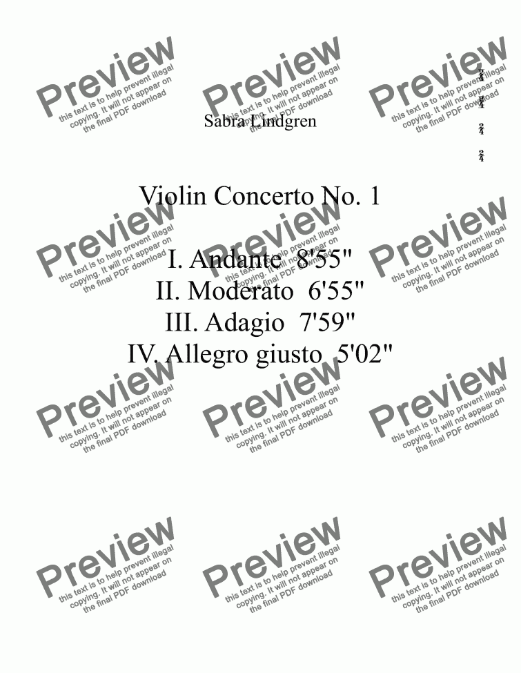 page one of Violin Concerto No. 1 in A minor, III. Adagio, for Solo Violin with Orchestra