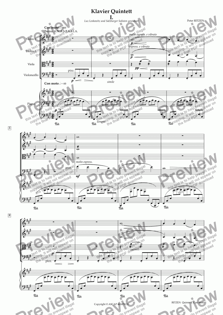 page one of Piano Quintet for strings & piano I.Con Moto