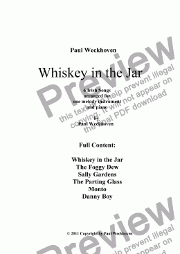 page one of Whiskey in the Jar - an arrangement of 6 very famous Irish Tunes for Recorder and Piano