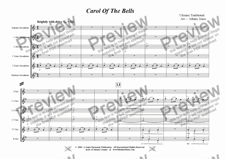 page one of Carol of the Bells  (Saxophone Choir,  SAATTB )
